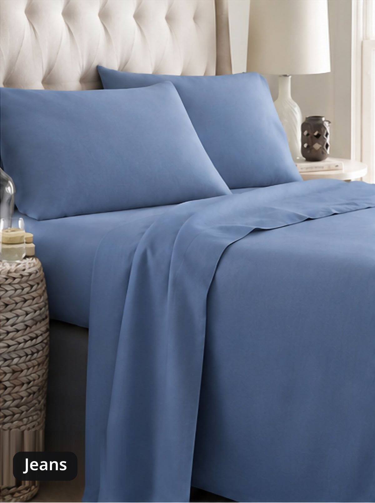 Completo lenzuola in percalle di cotone, colore Jeans